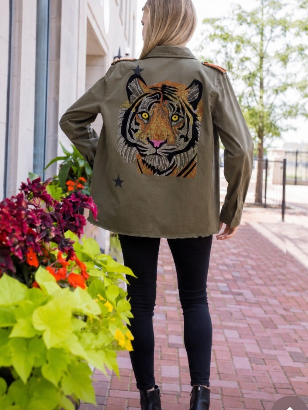 "Eye of the Tiger" Olive Green Military Jacket with Bedazzeled Motif